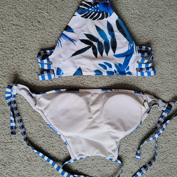 H&M Striped Blue White Tropical Triangle Top Padded Bra Bikini Set Womens Size M - Picture 7 of 12